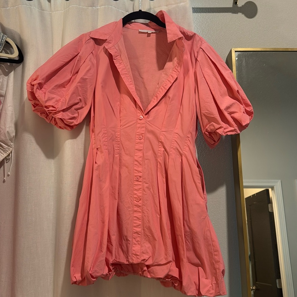 Pink, button-down puff sleeve dress